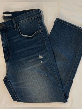 Whetherly High Rise Straight Leg Distressed Dark Blue Stretch Denim Jeans Sz 14